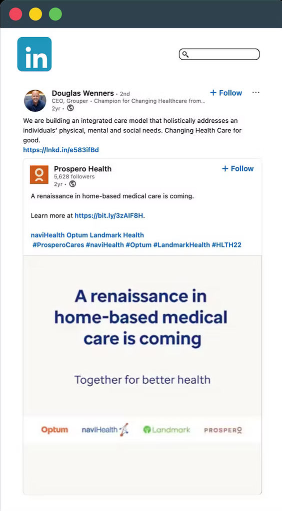 LinkedIn post from Prospero Health about a renaissance in home-based medical care