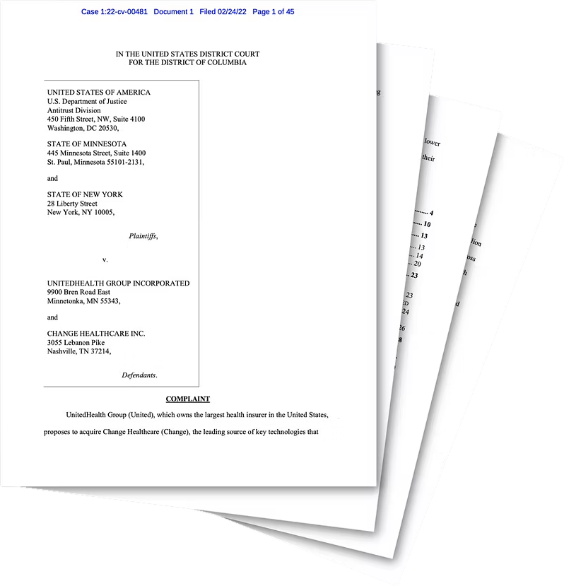 Pages from the U.S. Justice Department's complaint against UnitedHealth Group over the Change Healthcare acquisition